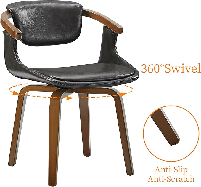 Art Leon Swivel Dining Chairs, Set of 2, Mid Century Modern Faux Leather Kitchen Dining Room Chair with Arms, Desk Chairs No Wheels, Gray