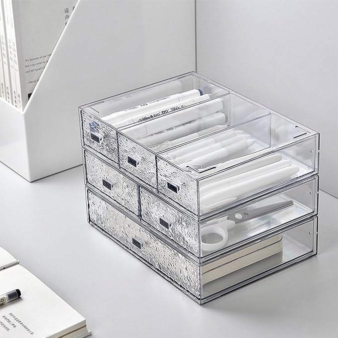 Desk Drawer Organizer, Stackable Plastic Storage Drawer, Grocery Organizer For Stationery/Office Supplies (New Clear, 2 Compartment)