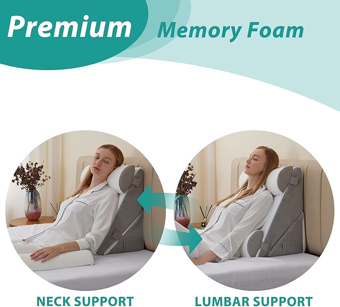 Bedluxe Adjustable 4pcs Bed Wedge Pillow Set, Memory Foam Wedge Pillows Post Surgery for Back, Neck, Leg Pain Relief, Pillow Wedge for Sleeping, Sitting up in Bed, Acid Reflux and GERD, White/Grey