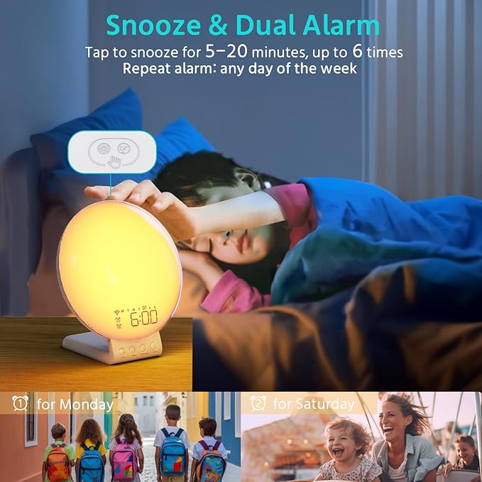 MOMILLA Sunrise Alarm Clock, 3 in 1 Wireless Charging Station, Smart App Control White Noise Sound Machine, Wake up Light, Sunset Night Light Alarm Clocks for Heavy Sleepers Kids