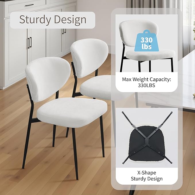 Upholstered Dining Room Chairs Set of 6 Modern Chenille Diner Chairs with 58D Memory Foam Thick Cushion Comfy Armless Kitchen Chair with Sturdy Metal Legs for Dining Table/Vanity White