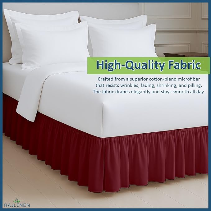 Rajlinen Ruffled Bed Skirt King, 8 Inch Drop Dust Ruffle with Split Corners, 100% Microfiber Bedskirt with Platform, Three-Sided Coverage Ruffled Gathering Design, Burgundy