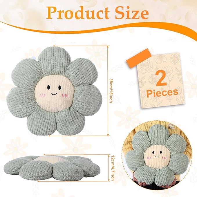 Novabright 2 Pcs Smile Flower Throw Pillows 15" Blue Flower Throw Pillows Decorative Daisy Floor Seating Cushion Aesthetic Cute Seat Cushion for Bed Sofa Couch Home Living Room Bedroom Chair