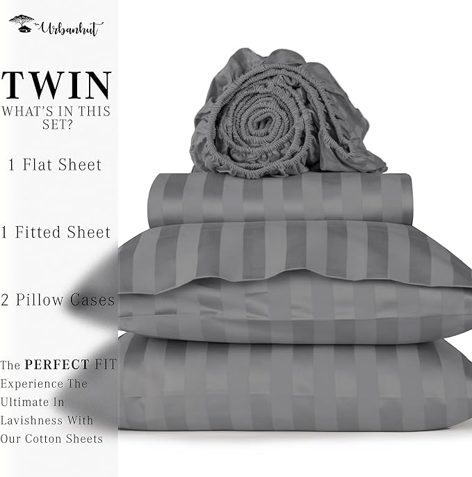 URBANHUT 800 Thread Count 100% Cotton Damask Twin Size Sheets, 4 Piece Striped Twin Size Bedsheets, Luxury Hotel Sheets Sateen Weave - Better Than Egyptian, 14" Elasticized Deep Pocket- Dark Grey