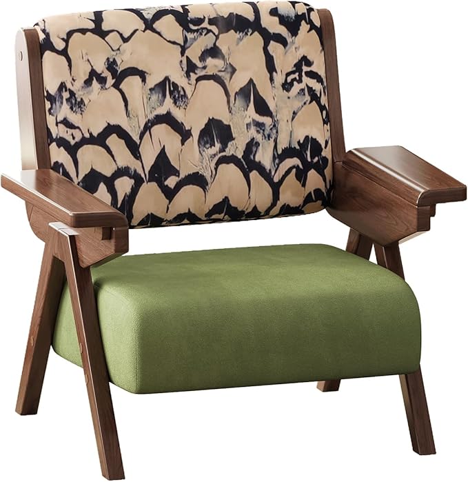 Mid Century Modern Accent Chair, Fabric Upholstered Lounge Arm Chair with Solid Wood Frame for Living Room, Bedroom, Office, Reading Corner (Feather Print, Set of 2)