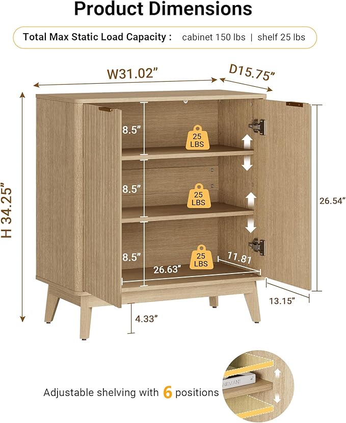 Sideboard Cabinet, Small Buffet Cabinet, Modern Fluted Storage Cabinet with Adjustable Shelf & Doors, Accent Credenza Sideboard for Kitchen, Coffee Bar, Living Room, Entryway, Hallway