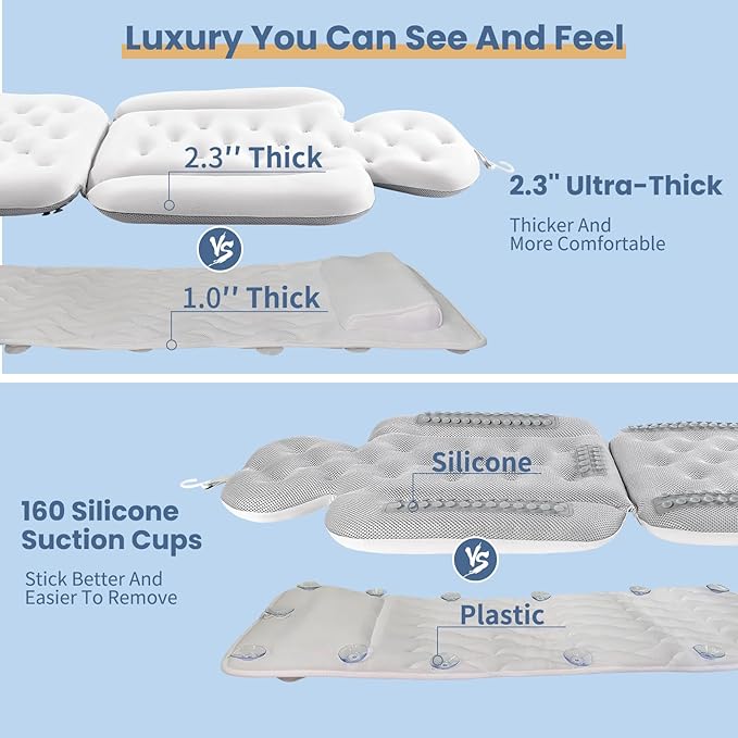 Luxury Bath Cushion, Full Body Bathtub Pillow with 160 Suction Cups, Bath Mat for Head and Neck Support, with Laundry Bag (White, 56.2" x 16.2")