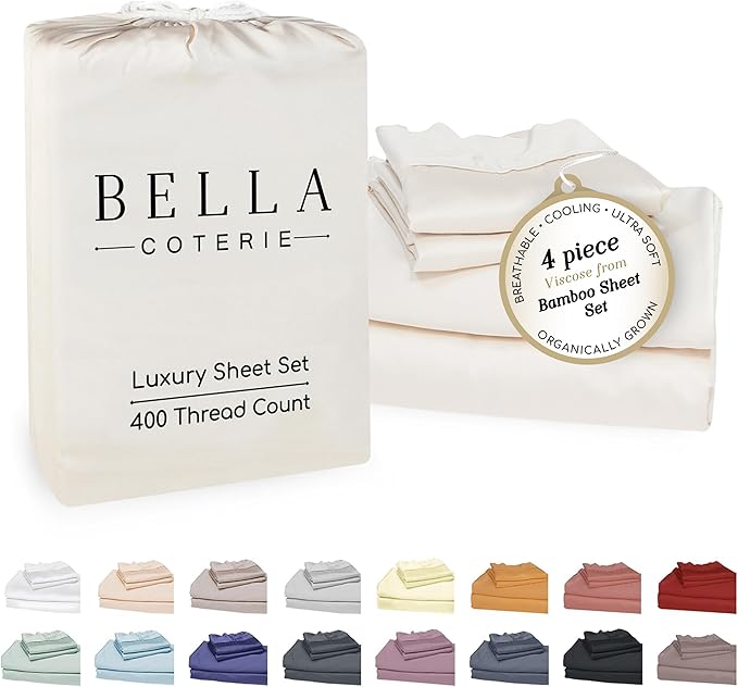 Bella Coterie Luxury Bamboo Viscose Cal King Size Sheet Set | 100% Organically Grown | Ultra Soft | Cooling for Hot Sleepers | 18" Deep Pocket [Ivory]