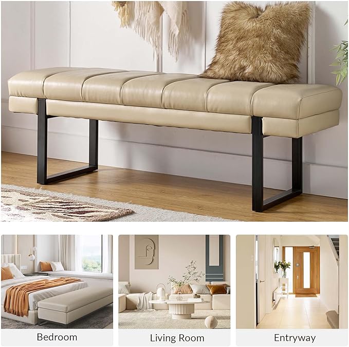 HULALA HOME 53" Faux Leather Entryway Bench, Button Tufted End of Bed Bench Ottoman for Bedroom, Living Room with Metal Base,Beige