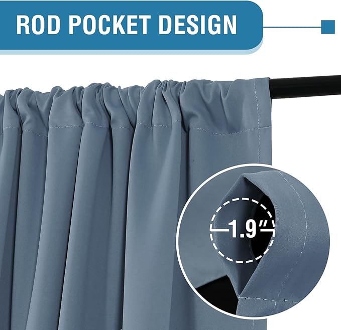 H.VERSAILTEX 100% Blackout Curtains for Bedroom Thermal Insulated Blackout Curtains 108 Inches Long Rod Pocket/Clip Rings Curtains for Living Room with Black Liner 2 Panels, Stone Blue
