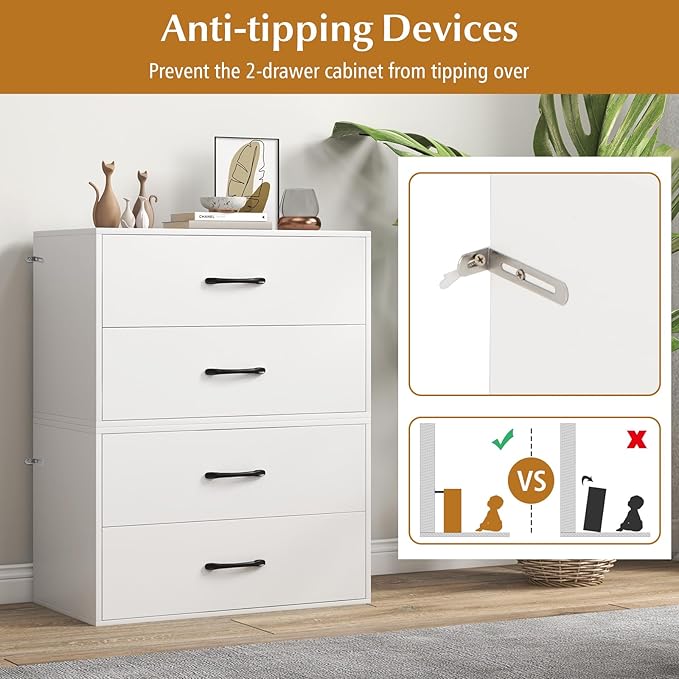 Giantex Stackable 2-Drawer Dressers for Bedroom - Short Dresser Two Drawer Storage Cabinet w/Handles & Anti-Topping Device, Small Dresser Chest of 2 Drawers for Closet Bedroom (2, White)