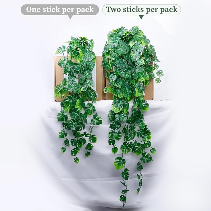 Artificial Hanging Plants for Shelf, 2-Pack Fake Potted Greenery Faux Monstera Leaves Vines in Black Pot, Décor for Office Living Room Bathroom Indoor Outdoor