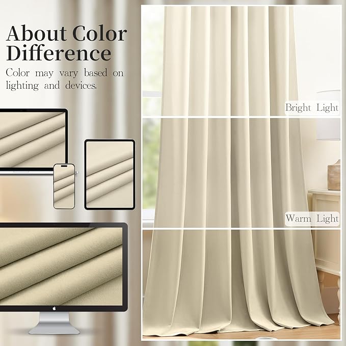 Ivory Velvet Curtains 96 Inches for Bedroom, Thermal Insulated Super Soft Room Darkening Sound Reducing Velvet Curtain Privacy Drapes for Living Room, Back Tab Rod Pocket, W52 x L96, 2 Panels