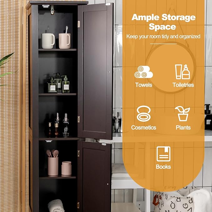 COSTWAY Tall Bathroom Storage Cabinet, 5-Tier Freestanding Linen Tower Cabinet with 2 Doors, Wooden Side Storage Organizer, Narrow Slim Floor Cabinet for Bathroom, Living Room, Kitchen (Brown)