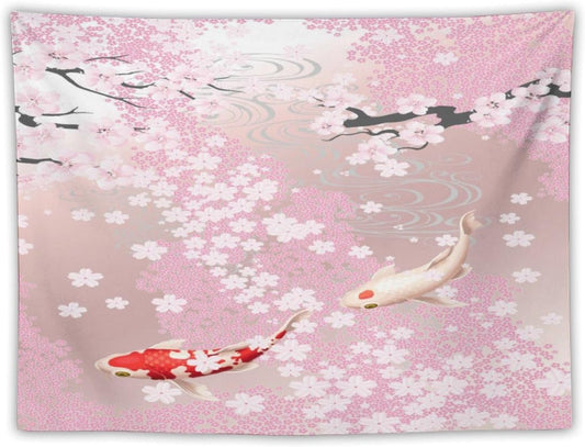 Houselerax Japanese Koi Fish Tapestry, Cherry Blossoms Asian Oriental Pink Flower Branch Koi Fish Carp Tapestries Wall Hanging for Bedroom Living Room Office Decor 90"x60"