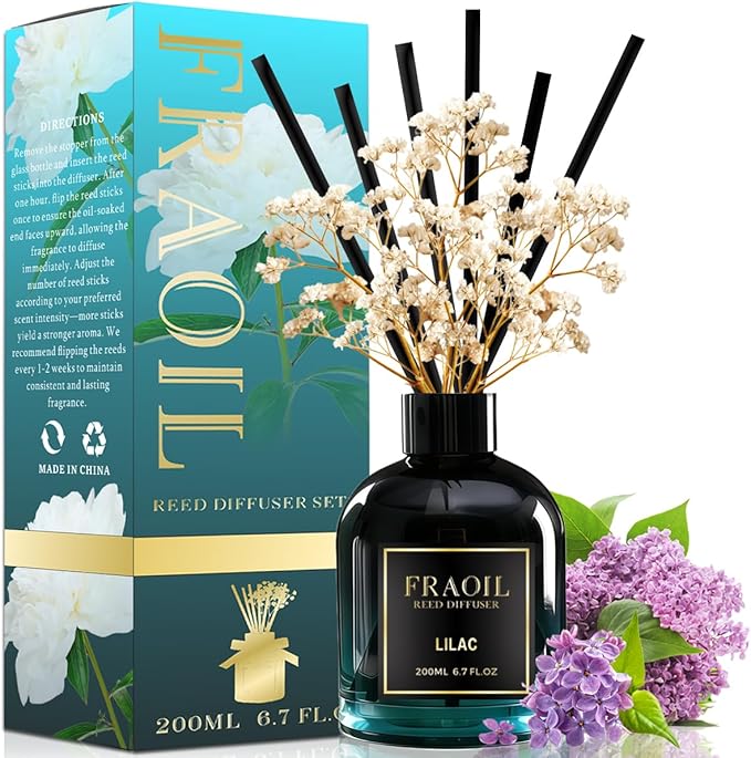 Lilac Reed Diffuser, Reed Diffuser Set 6.7 fl oz (200 ml) with 6 Reed Sticks, Home Fragrance Reed Diffuser for Bathroom Shelf House Bedroom Office Decor