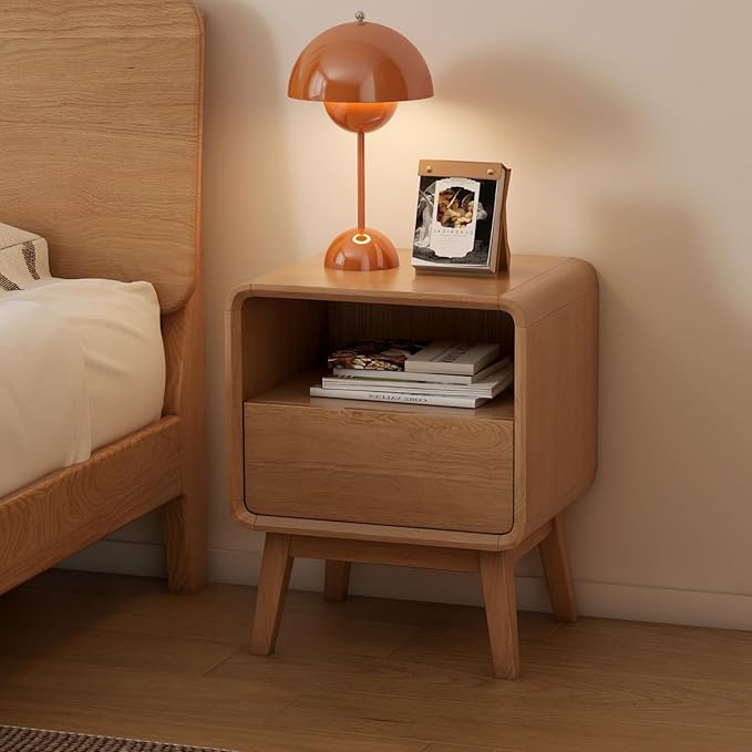 100% Solid Wood Nightstand Set of 2, Small Night Stand with Drawer and Open Shelf, Natural Wood Nightstand, Mid Century Modern Night Stand, Wooden Bedside Table for Bedroom(20.47" H)