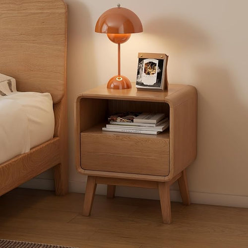 100% Solid Wood Nightstand Set of 2, Small Night Stand with Drawer and Open Shelf, Natural Wood Nightstand, Mid Century Modern Night Stand, Wooden Bedside Table for Bedroom(20.47" H)