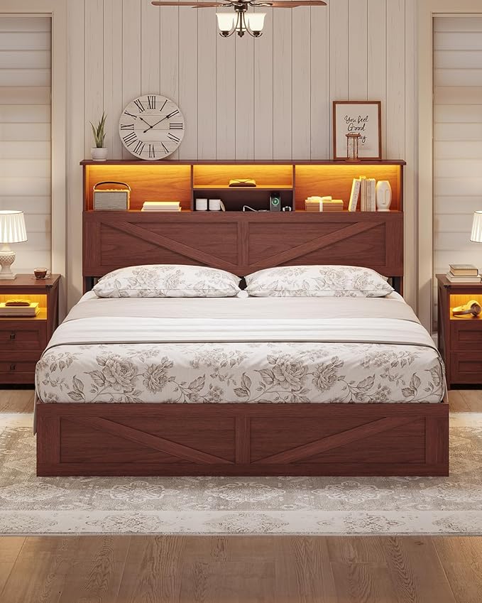AOGLLATI Farmhouse Queen Bed Frame with 4 Storage Drawers and Led Lights, Wooden Bed Frame Queen Size with Hidden Space Bookcase Headboard and Led Lights & Metal Slats, Mahogany
