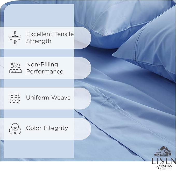 Linen Home 100% Cotton Percale Sheets King Size, Baby Blue, Deep Pocket, 4 Pieces Set - 1 Flat, 1 Deep Pocket Fitted Sheet and 2 Pillowcases, Crisp Cool and Strong Bed Linen