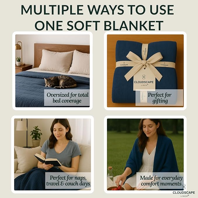 Cloud Scape Linen 8-Layer Muslin Blanket Queen Size - 100% Cotton, Soft and Breathable, Oversized Winter Blanket, Fits up to Full Size Bed, 92x92, Ensign Blue