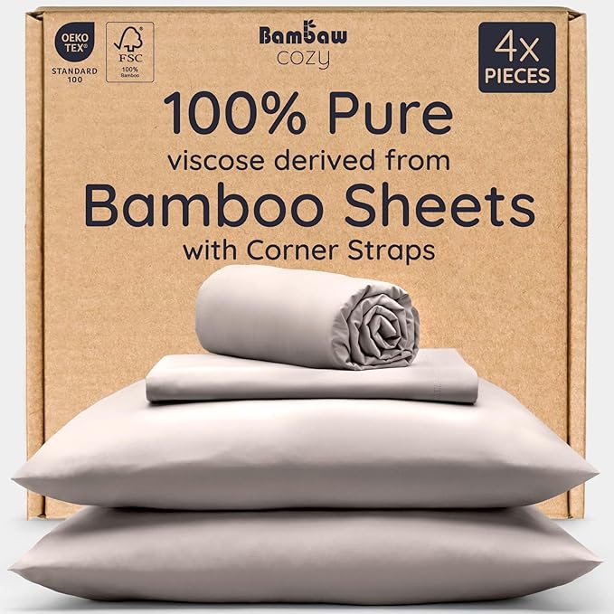 Bambaw 100% Viscose Derived from Bamboo Sheets Full Size Set – 4pcs Cooling Sheets Full Size, Perfect for Hot Sleepers, Luxury & Buttery Soft Sheet Set, with Elastic Corner Straps (Sand)
