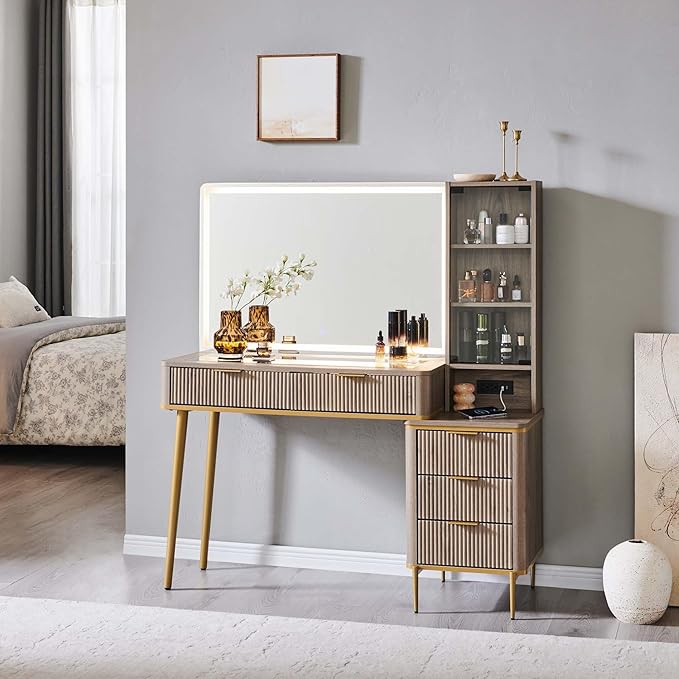 T4TREAM Fluted Makeup Vanity Desk with 36" HD Lighted Mirror, 48" Big Modern Vanity Desk with Mirror and Lights, Dressing Table with 5 Drawers & Shelves, Glass Top for Bedroom (Alder Grey)