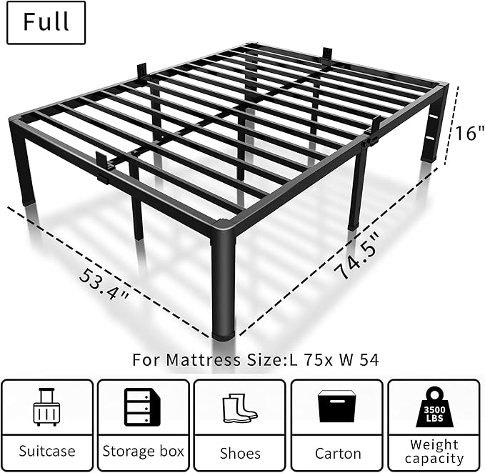 ROIL 16 Inch Full Bed Frame with Rounded Corner and Headboard Hole Mattress Retainers 3500LBS Metal Heavy Duty Steel Slats No Box Spring Needed Platform Noise-Free Easy Assembly