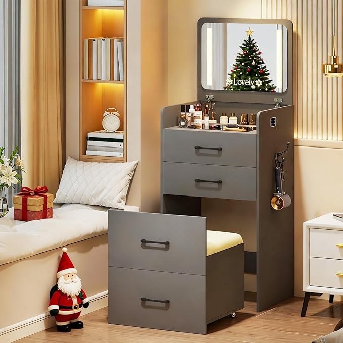 HNEBC 3 in 1 Vanity Desk with Plip Top LED Mirror,Small Dressing Table Set with Visible Glass Desktop,Compact Vanity with 3 Drawers,Storage Compartment and Padded Stool,for Bedroom(Grey)