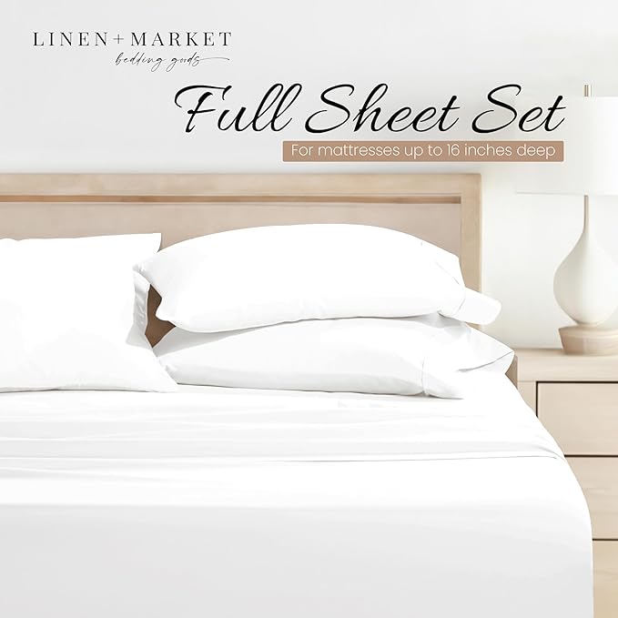 Linen Market Brushed Microfiber Full Sheet Set 4 Piece – Oeko-TEX Certified Ultra Soft & Wrinkle-Free - 16" Deep Pocket Sheets - Easy Care Full Size - White