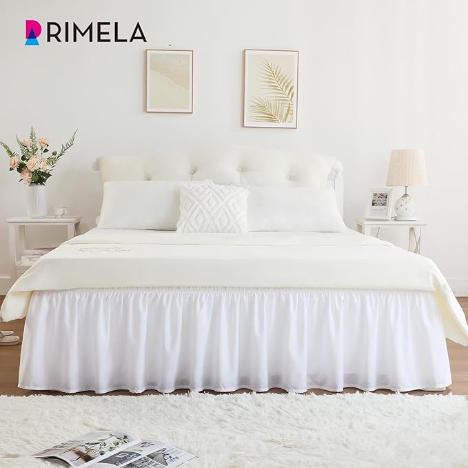 RIMELA White Bed Skirt King Size 18 Inch Drop, Elastic Bed Skirting for Bed Base and Frame, Bedding Dust Ruffle Easy to Install, Lightweight Wrap Around Adjustable Bedskirt