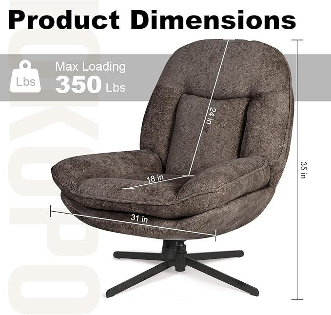 360°Free Swivel Accent Chair Set of 2 for Living Room, Slightly 20°Rocking, 24" High Backrest Upholstered Armchair, Ergonomic Design, Chenille Breathable Soft Fabric Modern Single Sofa, Brown