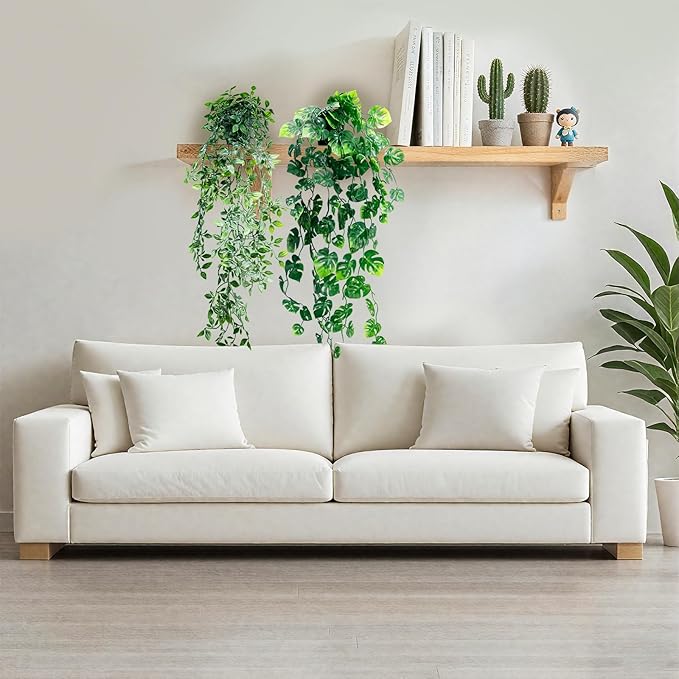 Artificial Hanging Plants for Shelf, Fake Potted Greenery 2-Pack Faux Mandala and Monstera Leaves Vines in Black Pot, Décor for Office Living Room Bathroom Indoor Outdoor