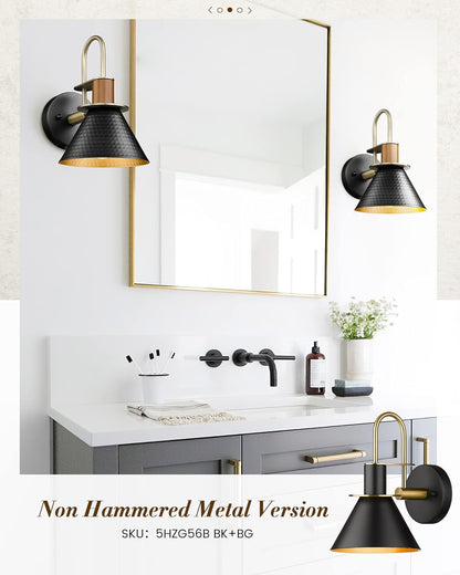 Modern Wall Sconces Set of Two, HWH Industrial Sconce Wall Lighting Indoor Wall Lamp, Gooseneck 1-Light Barn Vanity Light, Hammered Metal Shade, Black and Gold Finish, 5HZG74B-2 BK+BG