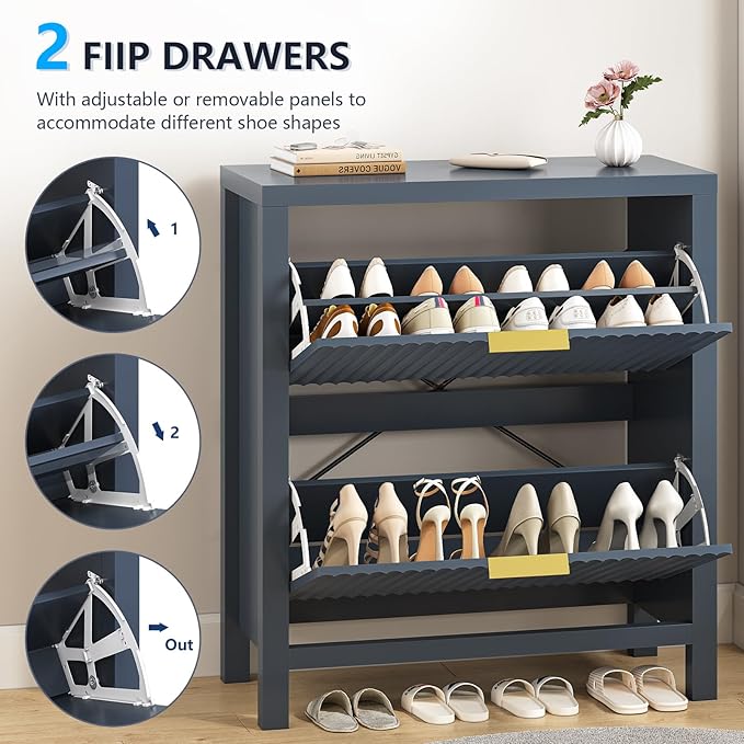 Shoe Cabinet Storage for Entryway, Fluted Shoe Cabinet with 2 Flip Drawers, Hidden Shoe Rack Tall Freestanding Shoe Organizer with Legs for Hallway, Blue