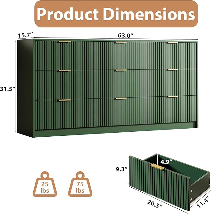 Green 9 Drawer Dresser for Bedroom, 63" Wide Modern Fluted Dresser with Gold Metal Handles, Chest of Drawers for Bedroom, Living Room, Entryway, Hallway