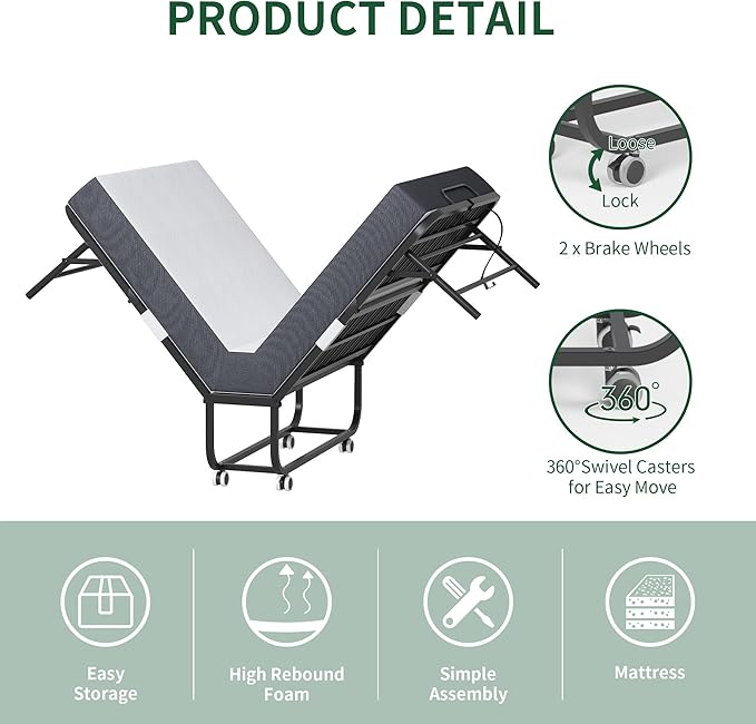 75" x 38" Twin Folding Bed with 3.7" Memory Foam Mattress, Portable Foldable Extra Bed, Rollaway Bed for Guests, and Sturdy Metal Frame