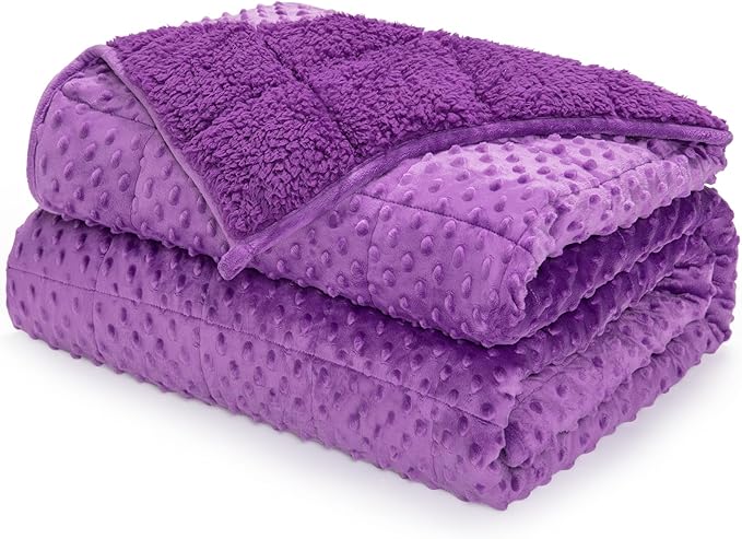Minky Dot Weighted Blanket for Adults Queen Size 15 lbs, Warm Sherpa Snuggle Heavy Blanket for Autumn Winter with Glass Beads, Great for Stress Relief and Sleep Promotion, Purple 60 x 80 inches