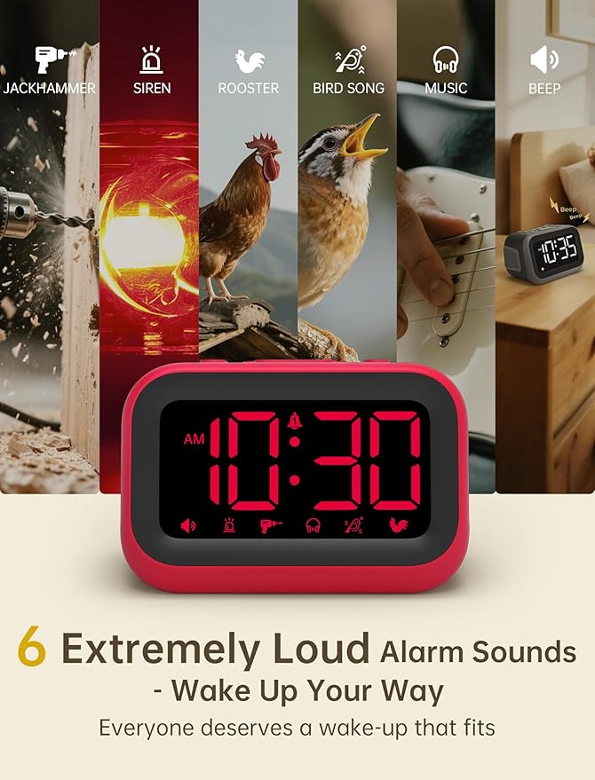 Loud Alarm Clock for Heavy Sleepers: 115dB Dual Alarms with 6 Unique Sounds for Bedroom Dorm Room Use - On-Time Wake Up for Teen College Students - Red