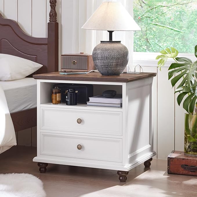 24" Wide Farmhouse Nightstand Set of 2 with Charging Station,End Table with 2 Drawers,Dresser for Bedroom Cabinet, Bed Side Table Chest of Drawers, Wood Night Stand for Living Room, Closet,White