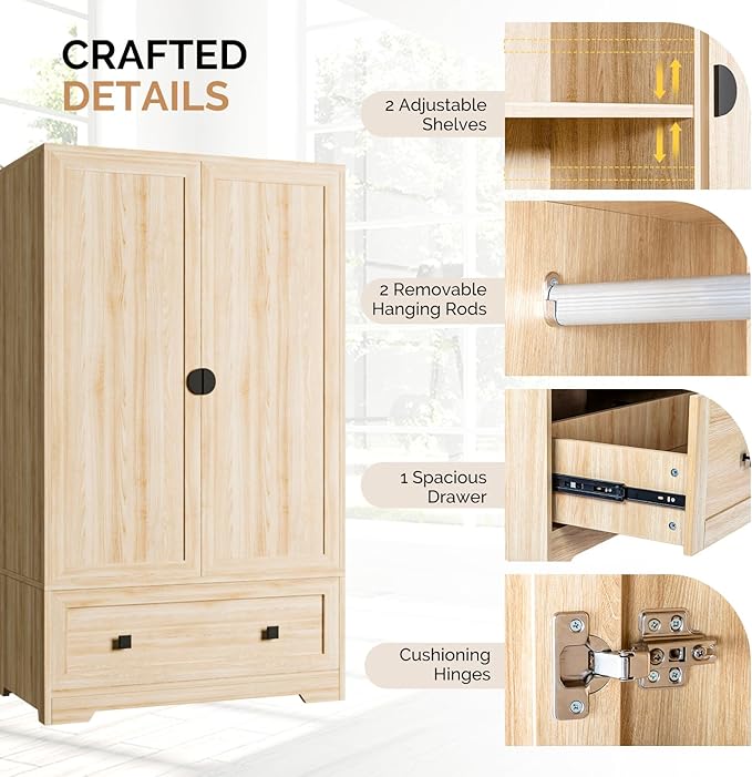 VINGLI Armoire Wardrobe Closet With Doors, Hanging Rod, Shelves and Drawer - Freestanding Cabinet for Bedroom, Dorm - Oak, 38" W x 21" D x 65" H