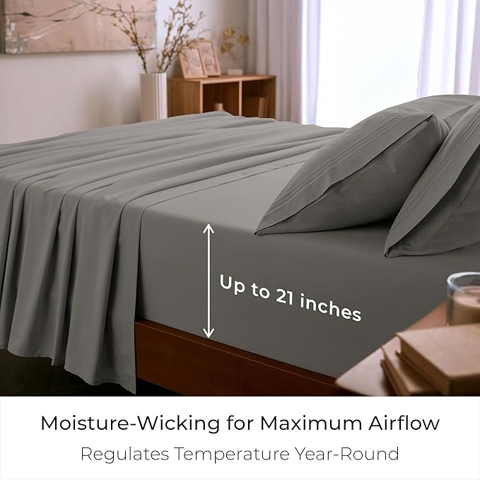 Mellanni King Sheet Set - 6-Piece Iconic Collection Bedding, (Including 4 Pillowcases), 21-Inch Extra Deep Pocket, Easy Care, Ultra Soft, Cooling Sheets, Brushed Microfiber - Taupe