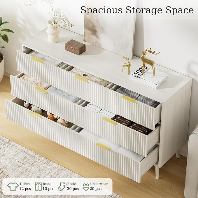 LYNSOM Fluted Dresser and Nightstand Sets 3 Piece, 7-Drawers Dresser and 1-Drawer Nightstands Set of 2, Wood Bedroom Furniture Set for Home, Bedroom, Hallway, White