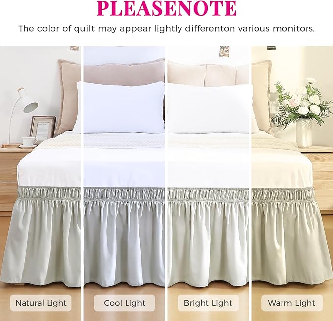 RIMELA Light Grey Bed Skirt Queen Size 15 Inch Drop, Wrap Around Elastic Bedskirt, Dust Ruffle for Adjustable Bed Base Machine Washable Easy to Install Bed Skirts