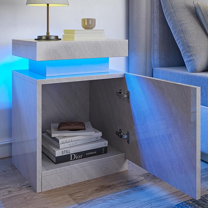 MXV Nightstand Set of 2 with LED Lights,Night Stand with Storage Cabinet for Bedroom,Bedside Table with LED (Grey, 17.7IN)