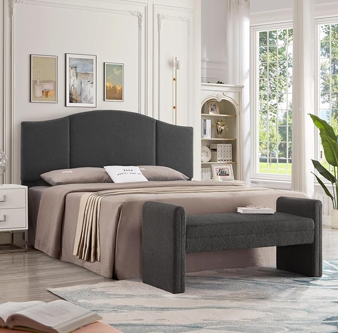 24KF Modern Upholstered Bed Bench Covered with Soft Boucle Teddy Fabric, Lovely Entryway Bench Ottoman with Armrest,5062-Dark Gray