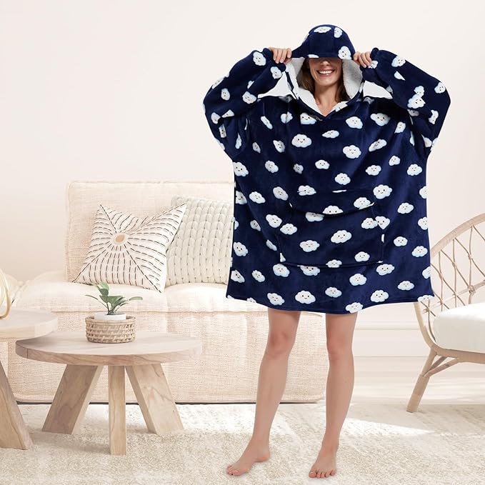 Wearable Blanket Hoodie for Adult,Oversized Sherpa Fleece Blanket Hoodie for Women Men,Navy Blue Cloud