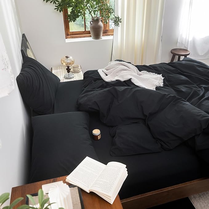 FOSSA Duvet Cover Set 100% Washed Cotton Linen Feel Super Soft Breathable Cozy 3 Pieces Bedding Sets Solid Black Oversized Queen
