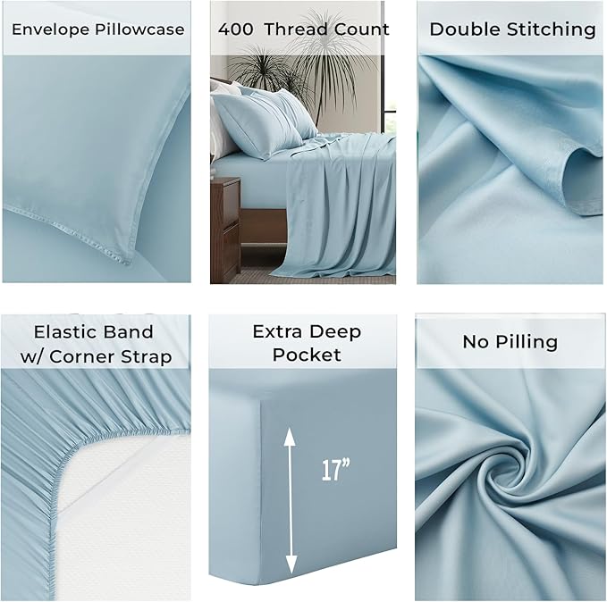 Luxury Bamboo Market | Queen Size Bed Sheet Set | 100% Viscose Made from Bamboo | Organically Grown | Ultra Soft | Cooling Sheets for Hot Sleepers | 17" Deep Pocket [Spa Blue]