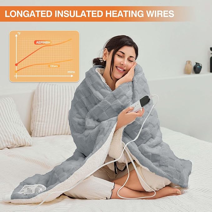 Electric Blanket, 84" x 90" Heated Blanket with 6 Heat Levels & 10 Hours Auto Off, Soft Checked Flannel Fast Heating Blanket with ETL & FCC Certification, Gray